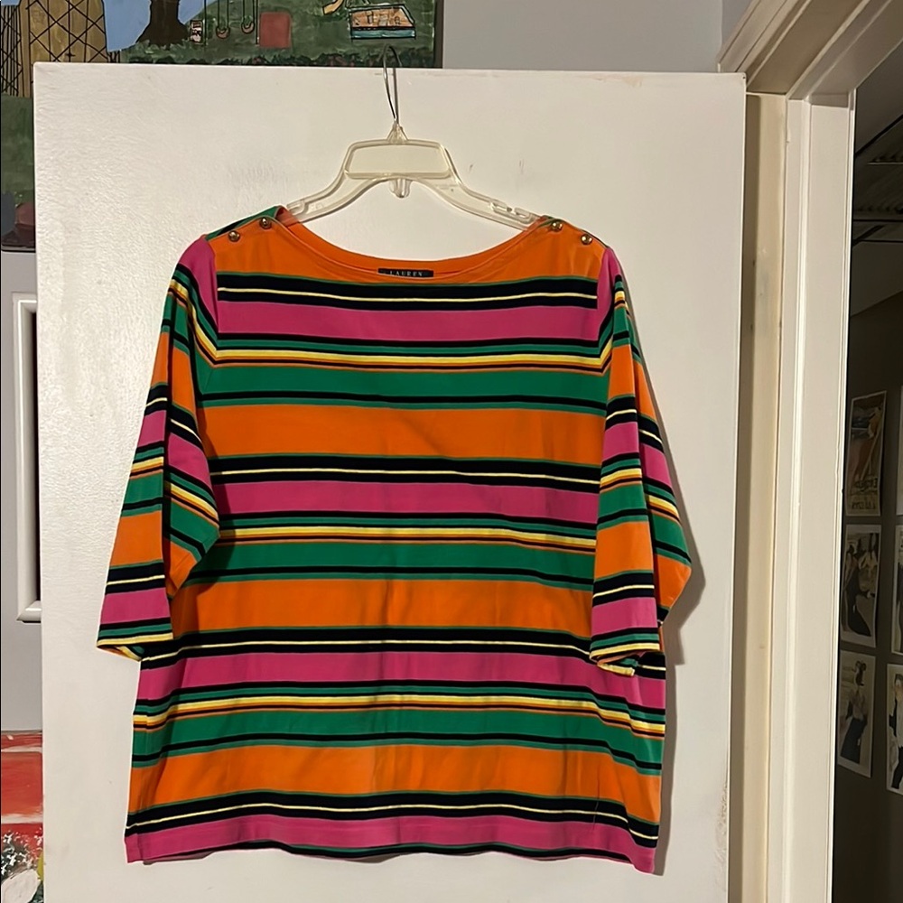 Ralph Lauren striped boat neck w/brass buttons 3/4 sleeve top